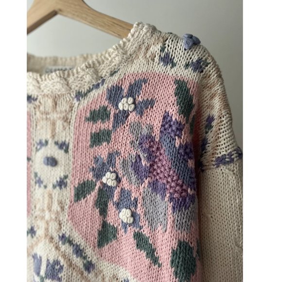 1990s Hand Knit Floral Sweater | Vintage Pastel Tapestry Sweater - Picture 2 of 4
